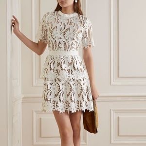SELF-PORTRAIT | White Grosgrain-trimmed guipure lace mini dress